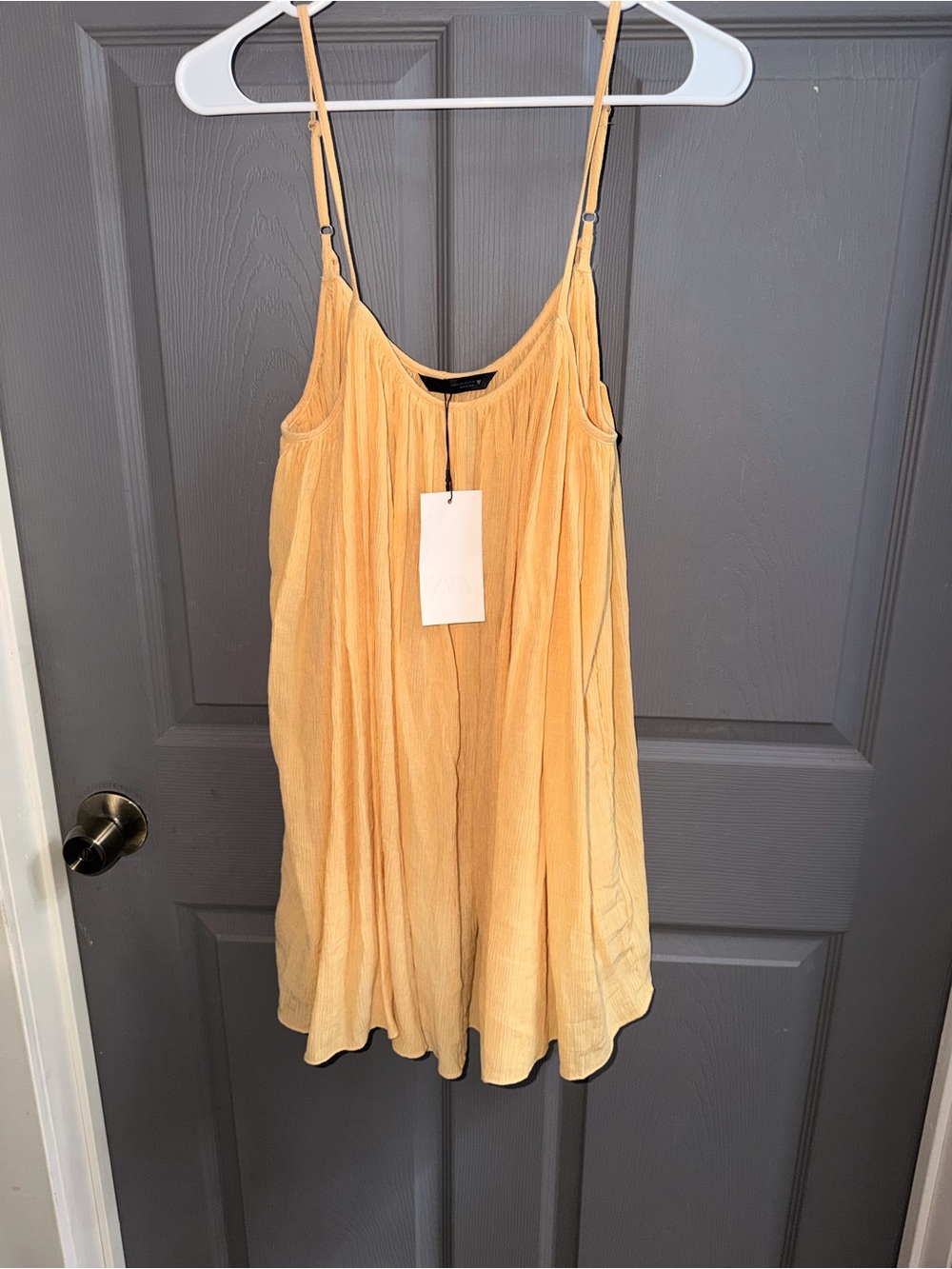 Zara Pale Yellow Pleated Chemise /Mini Dress with Adjustable Spaghetti Straps